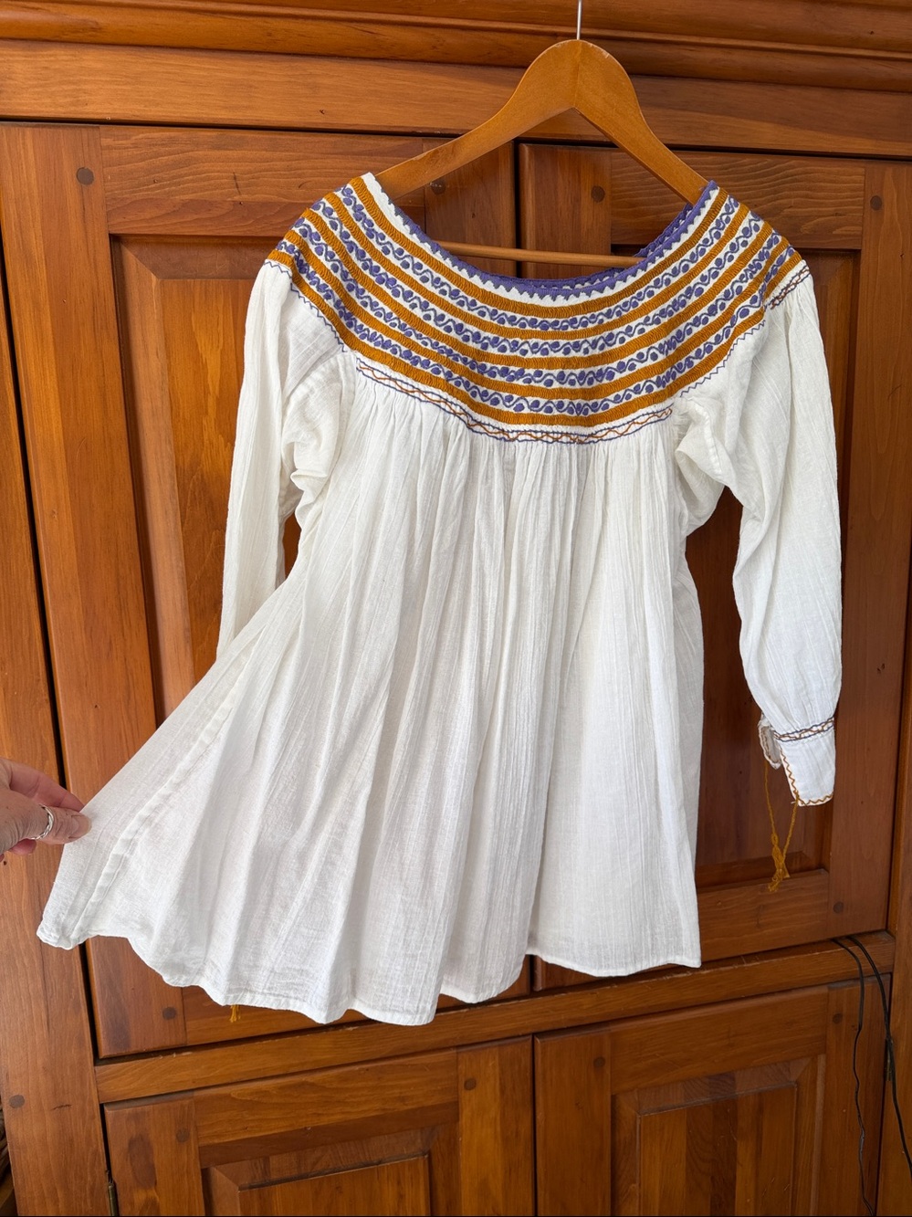 White Embroidered Peasant Top with Mustard & Purple Accents - Handmade in Mexico